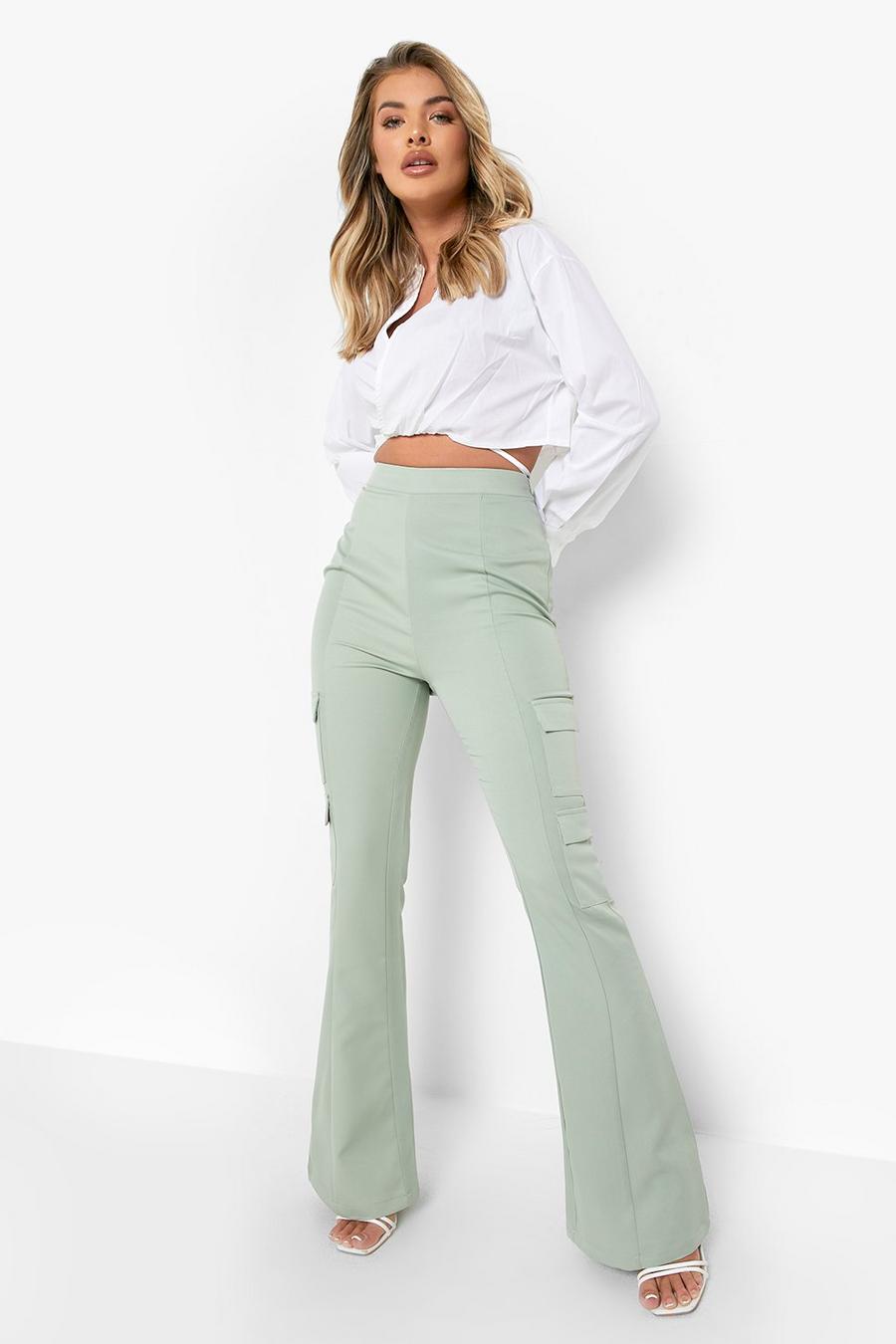Sage green Cargo Pocket Side Flared Trousers