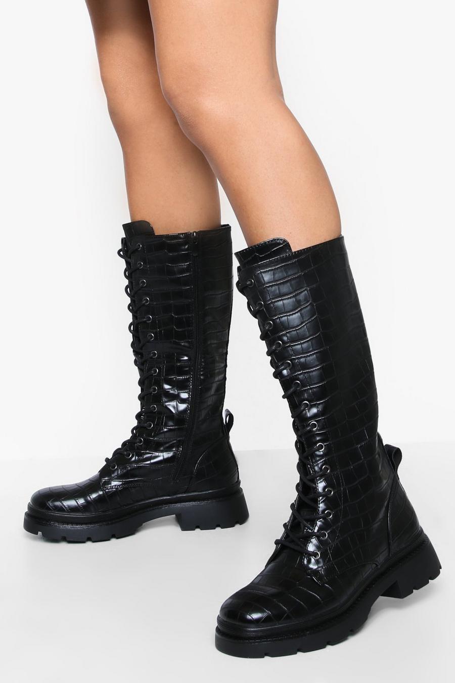 Black Lace Up Detail Calf High Boots