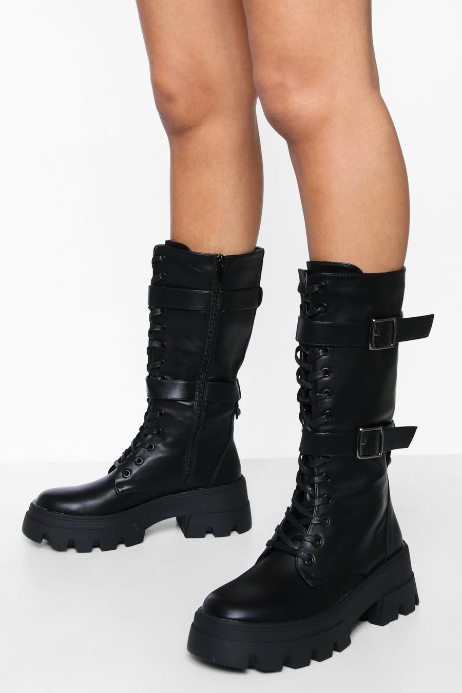 Black Double Buckle Calf High Boots