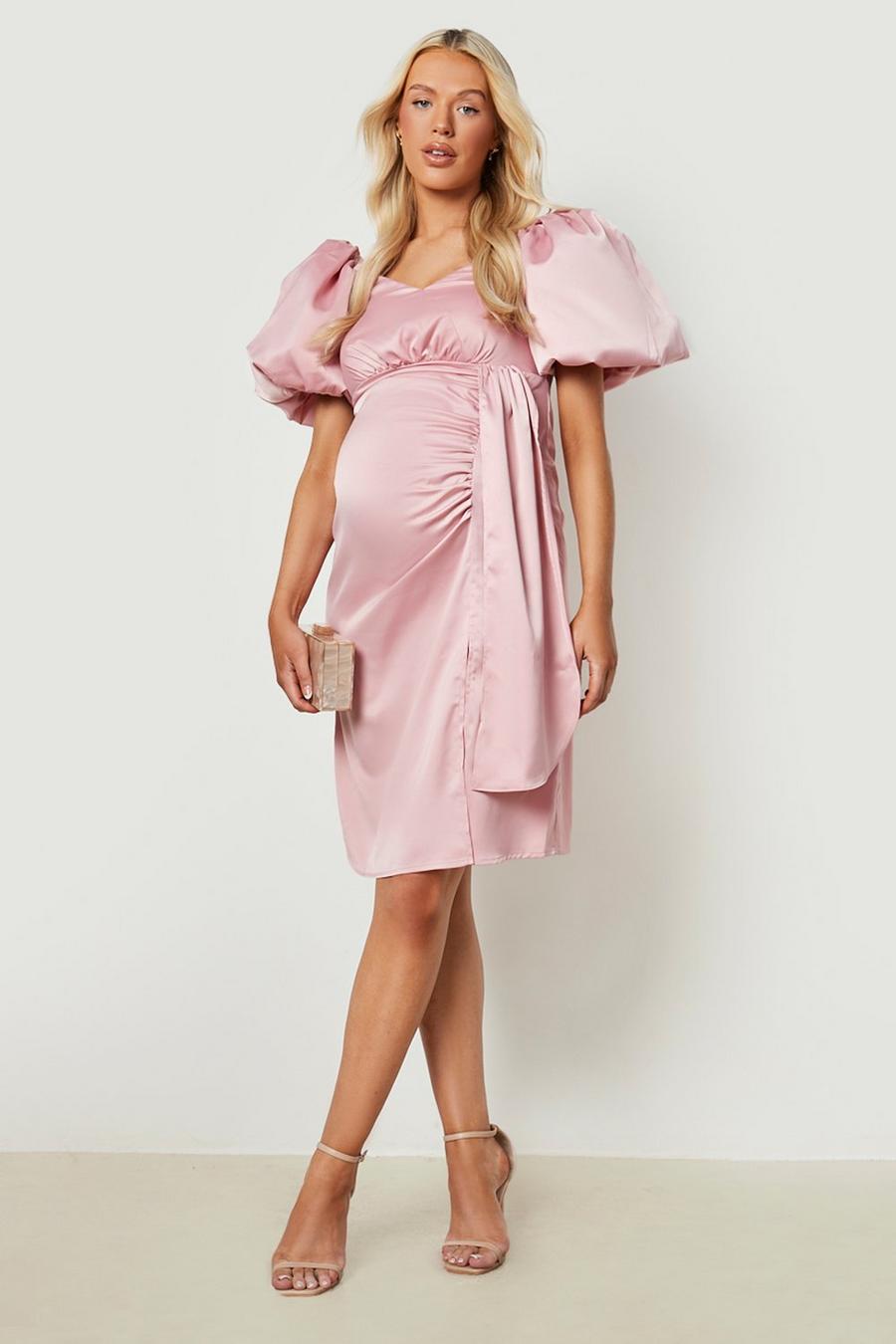 Blush pink Maternity Occasion Puff Sleeve Midi Dress