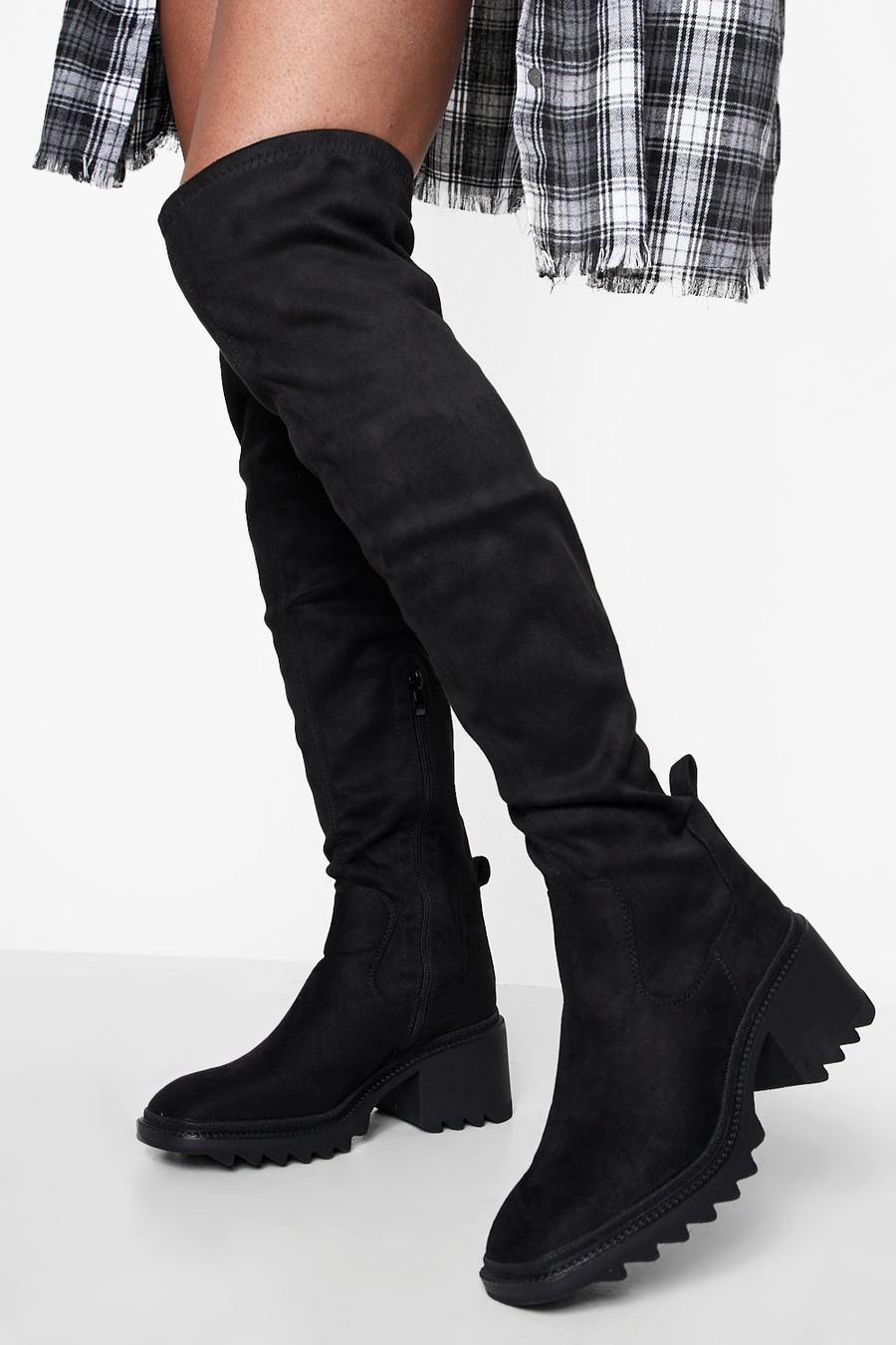 Black noir Block Heel Over The Knee Boots