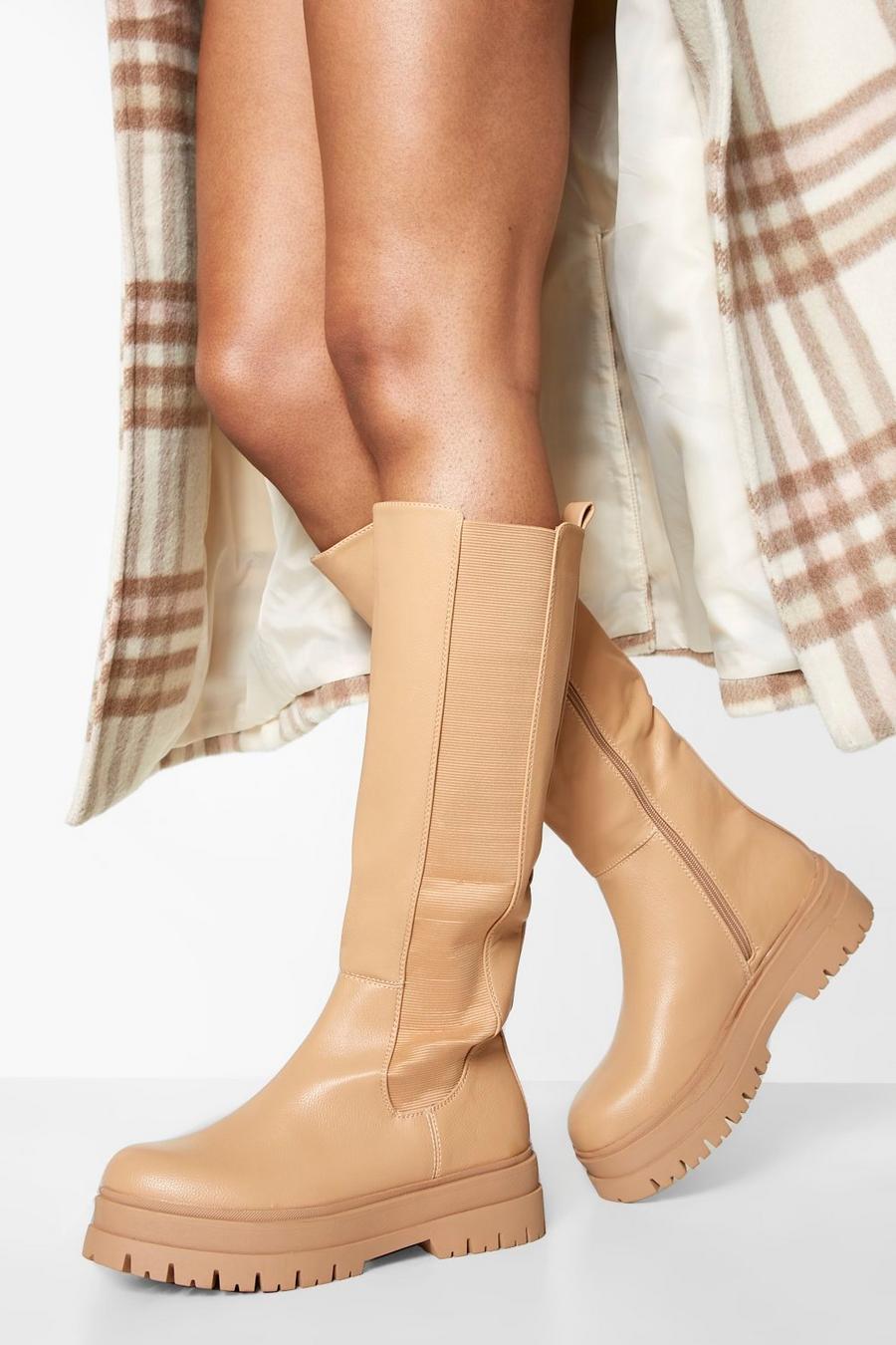 Camel beige Chunky Knee High Chelsea Boots image number 1