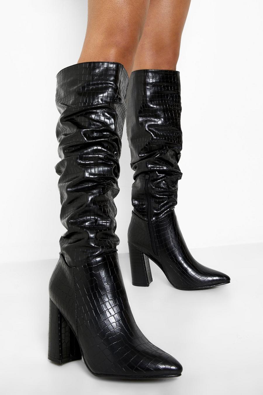 Geraffte Kroko Overknee-Stiefel mit Blockabsatz, Black noir