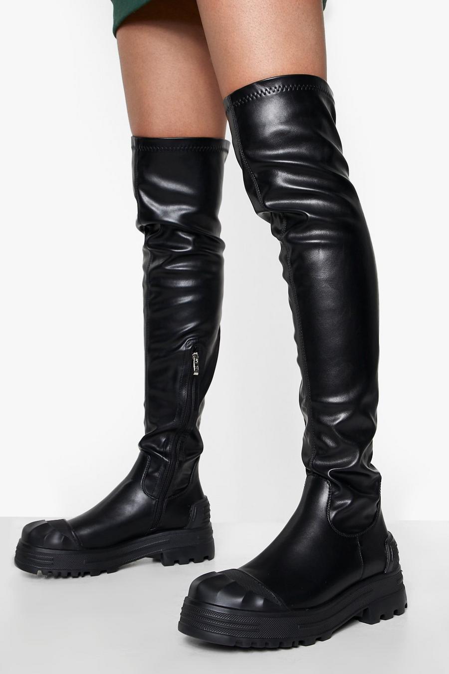 Black Chunky Stretch Over The Knee Boots image number 1