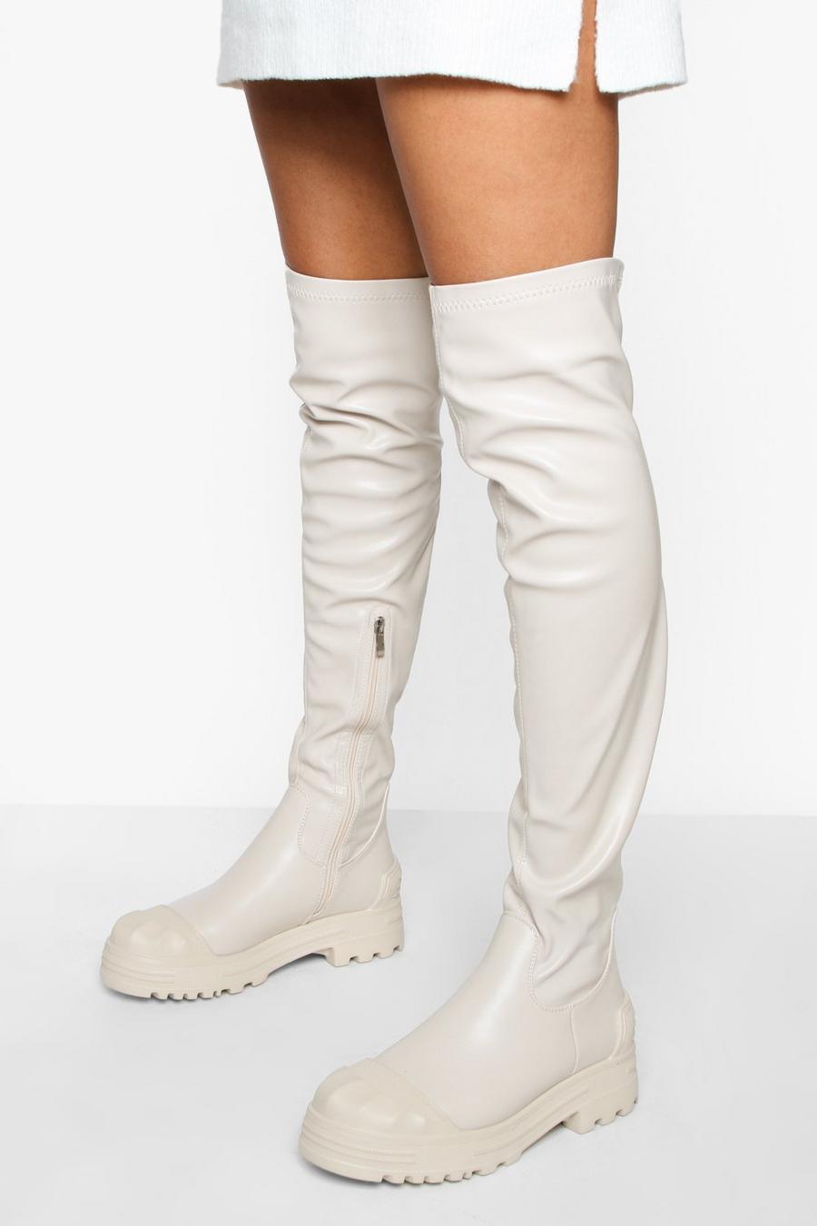 Cream Chunky Stretch Over The Knee Boots image number 1