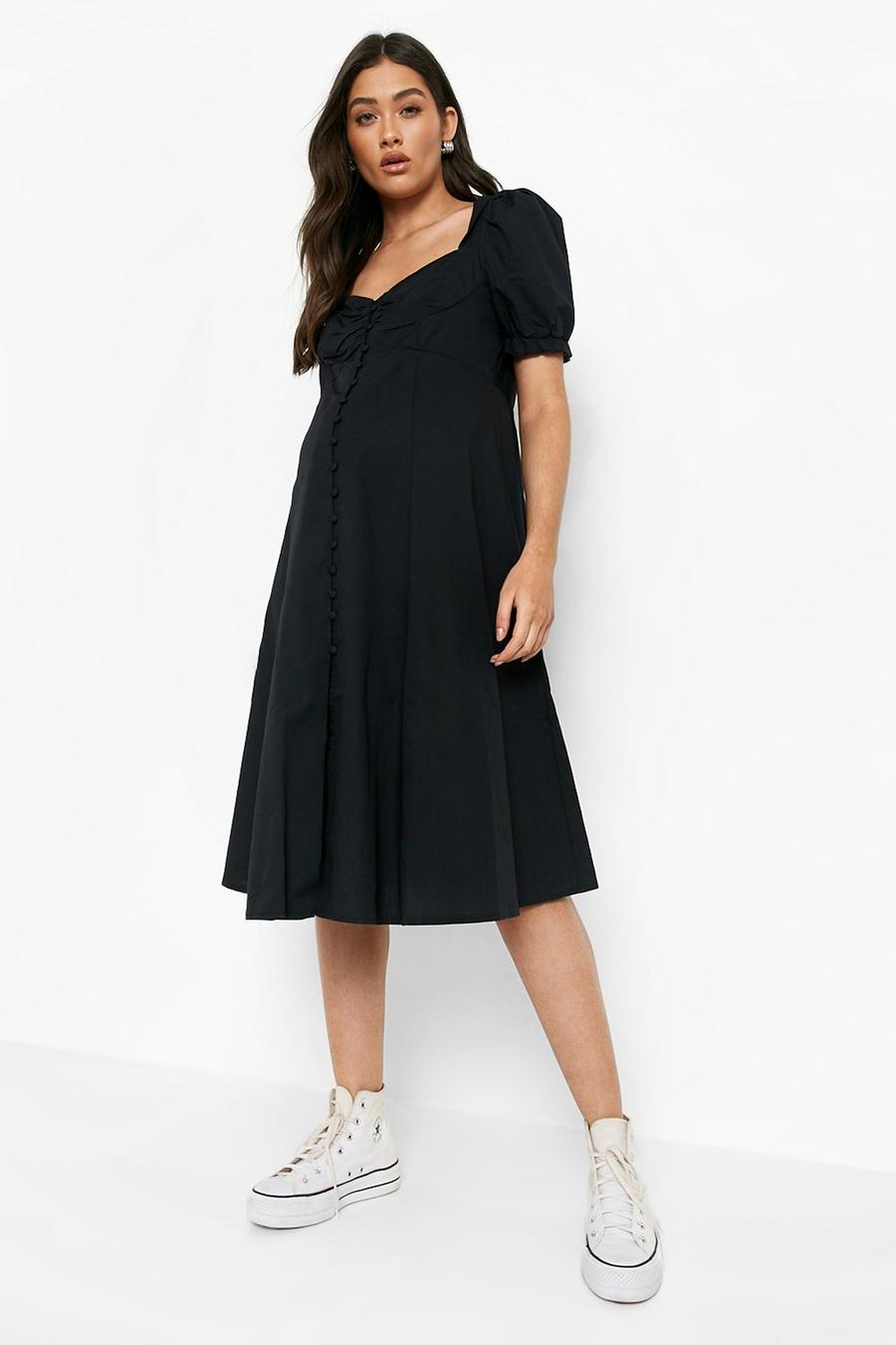 Black Maternity Cotton Button Front Midi Dress image number 1