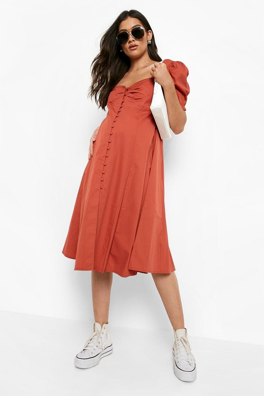 Rust Maternity Cotton Button Front Midi Dress image number 1
