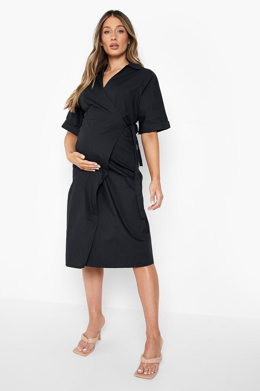 Black Maternity Cotton Wrap Shirt Midi Dress