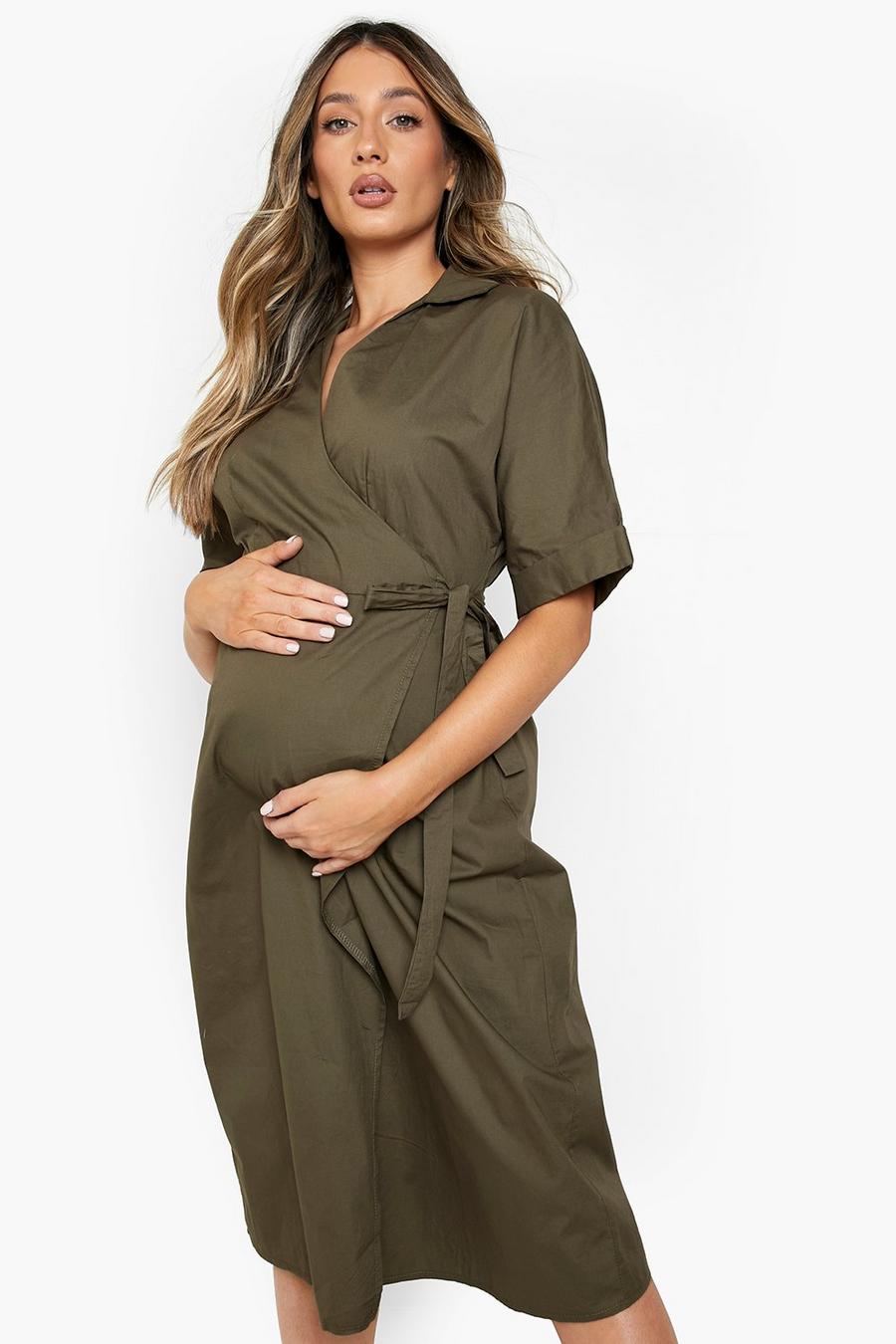 Khaki Maternity Cotton Wrap Shirt Midi Dress image number 1