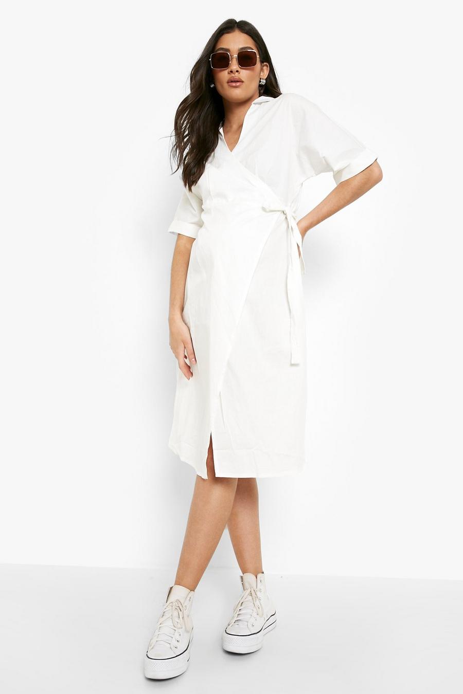 White Maternity Cotton Wrap Shirt Midi Dress image number 1