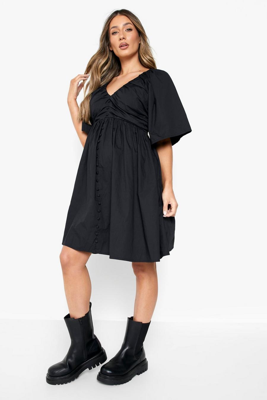 Black Maternity Cotton Button Front Smock Dress image number 1