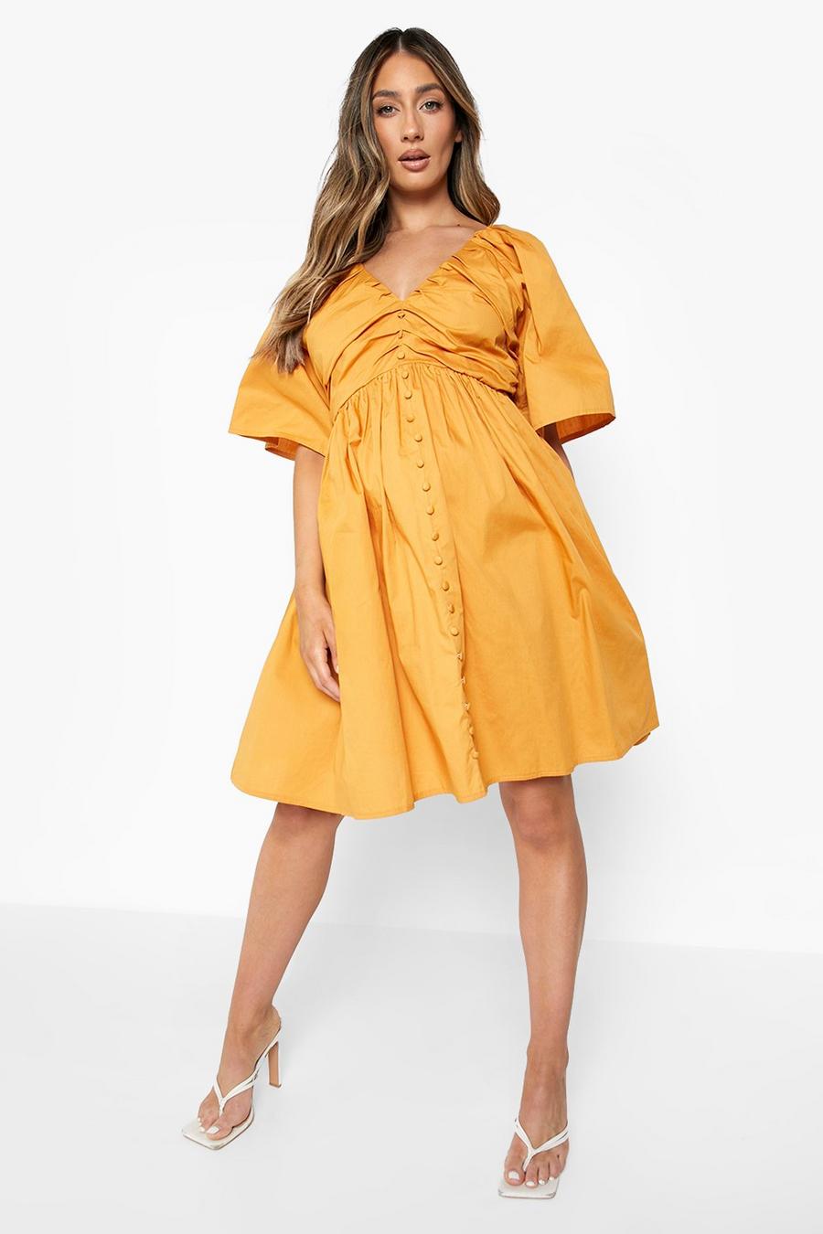 Mustard Maternity Cotton Button Front Smock Dress image number 1