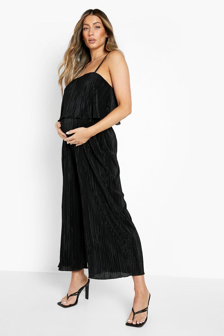 Black Maternity Plisse Strappy Culotte Jumpsuit image number 1