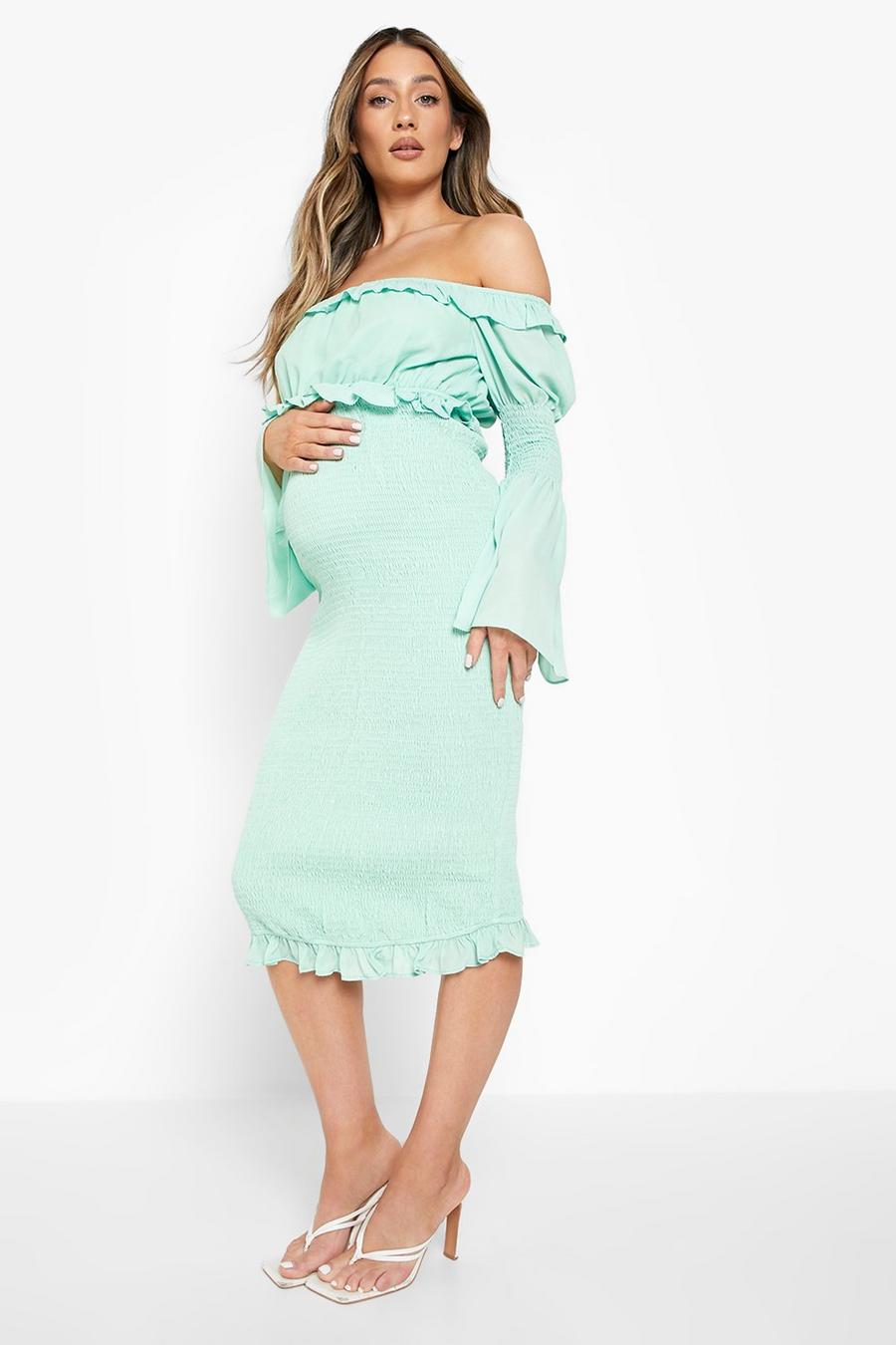 Sage Maternity Bardot Shirred Frill Midi Dress image number 1