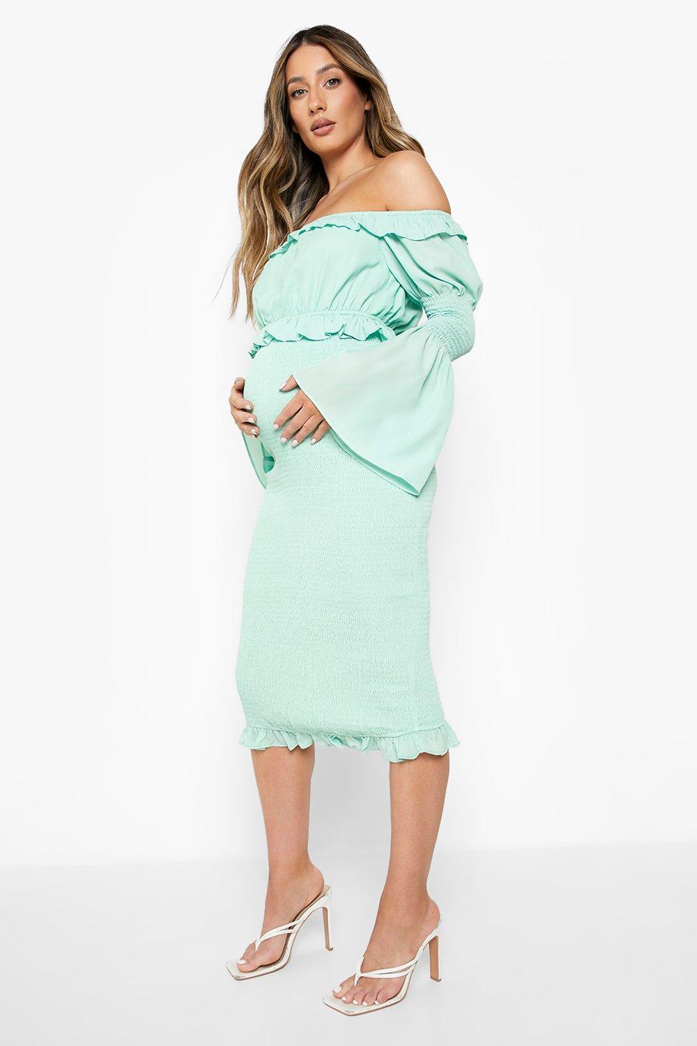 Maternity ruffle off clearance the shoulder midi dress