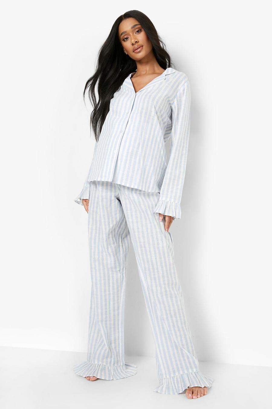 Blue Maternity Glitter Stripe Frill Hem Pyjamas