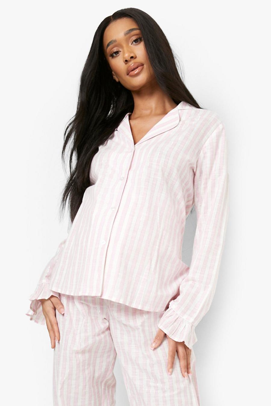 Pink Maternity Glitter Stripe Frill Hem Pyjamas image number 1