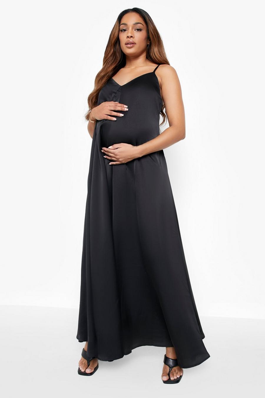 שחור nero שמלת סאטן מקסי עם צווארון וי, להיריון