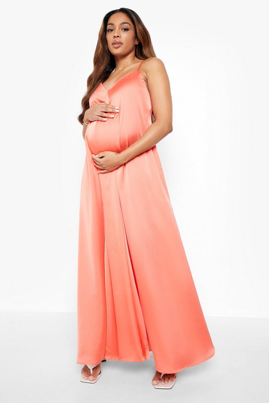 Pink Maternity Satin V Neck Maxi Dress