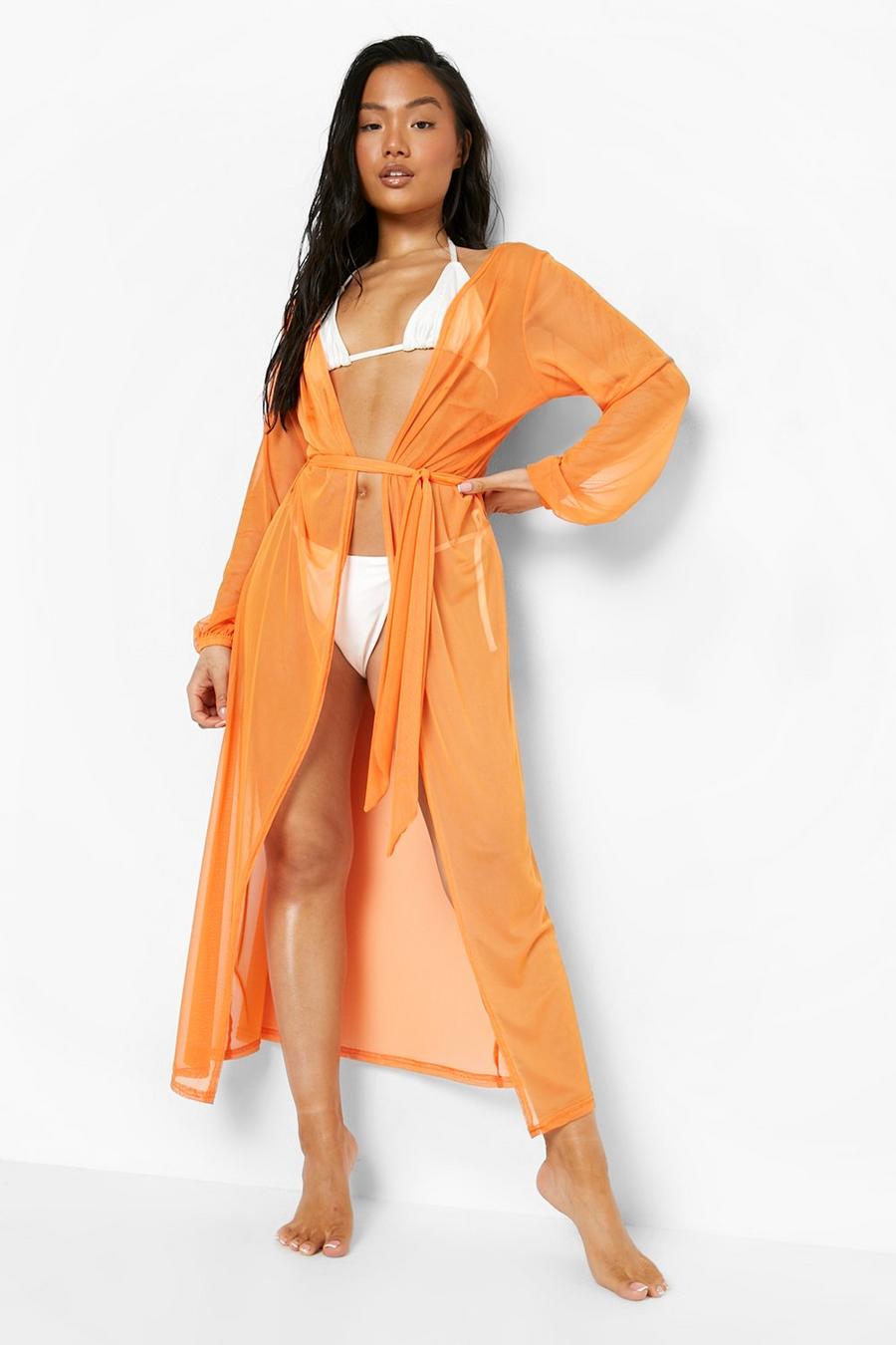 Kimono Petite in rete con laccetti in vita, Orange arancio image number 1