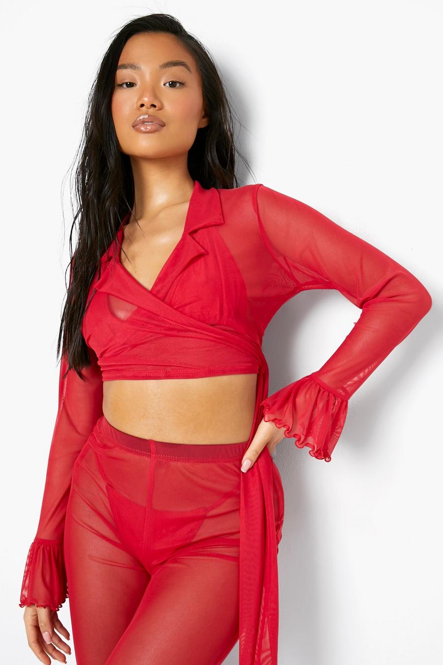 Red Petite Mesh Wrap Flared Sleeve Top image number 1