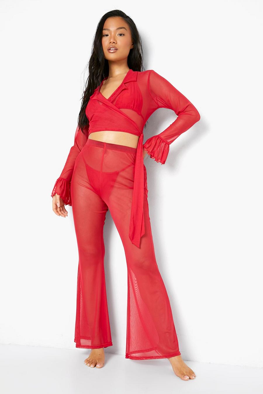 Red Petite Mesh Frill Flared Pants image number 1