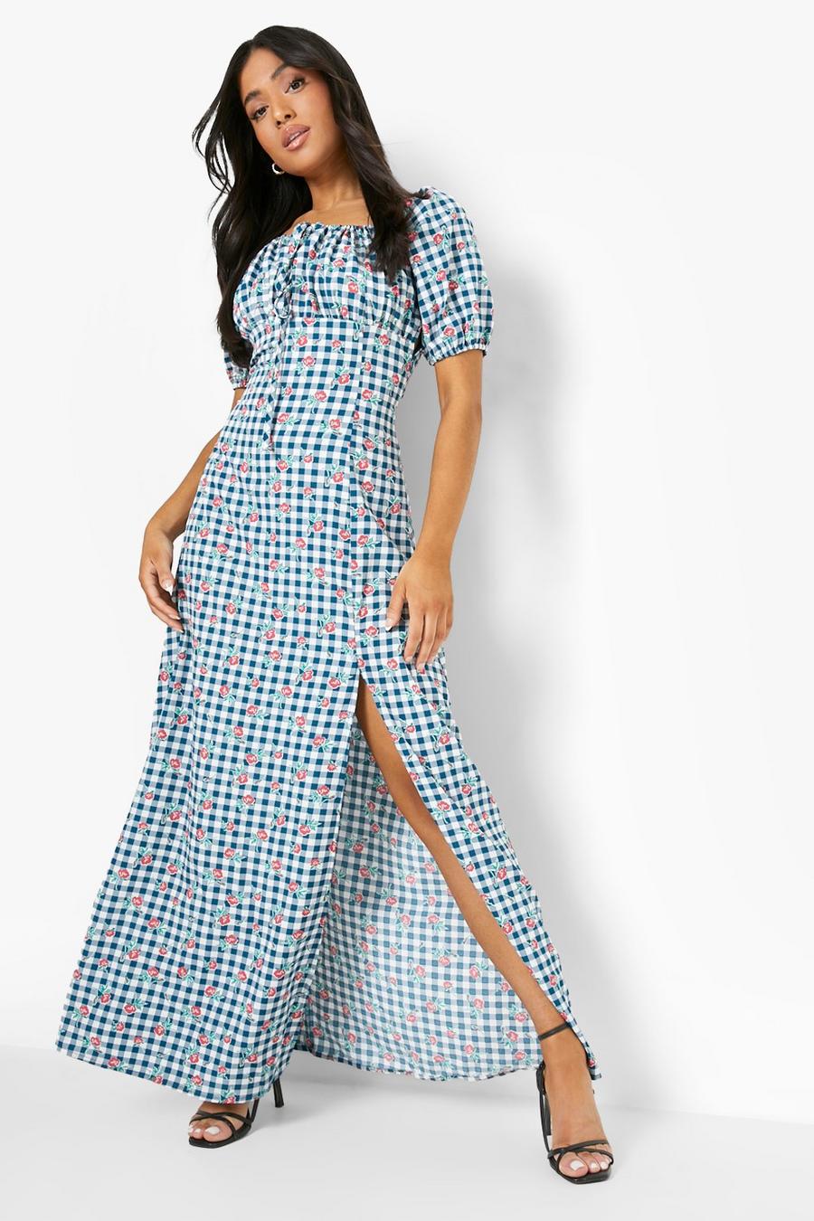 Navy Petite Floral Gingham Puff Sleeve Maxi Dress image number 1
