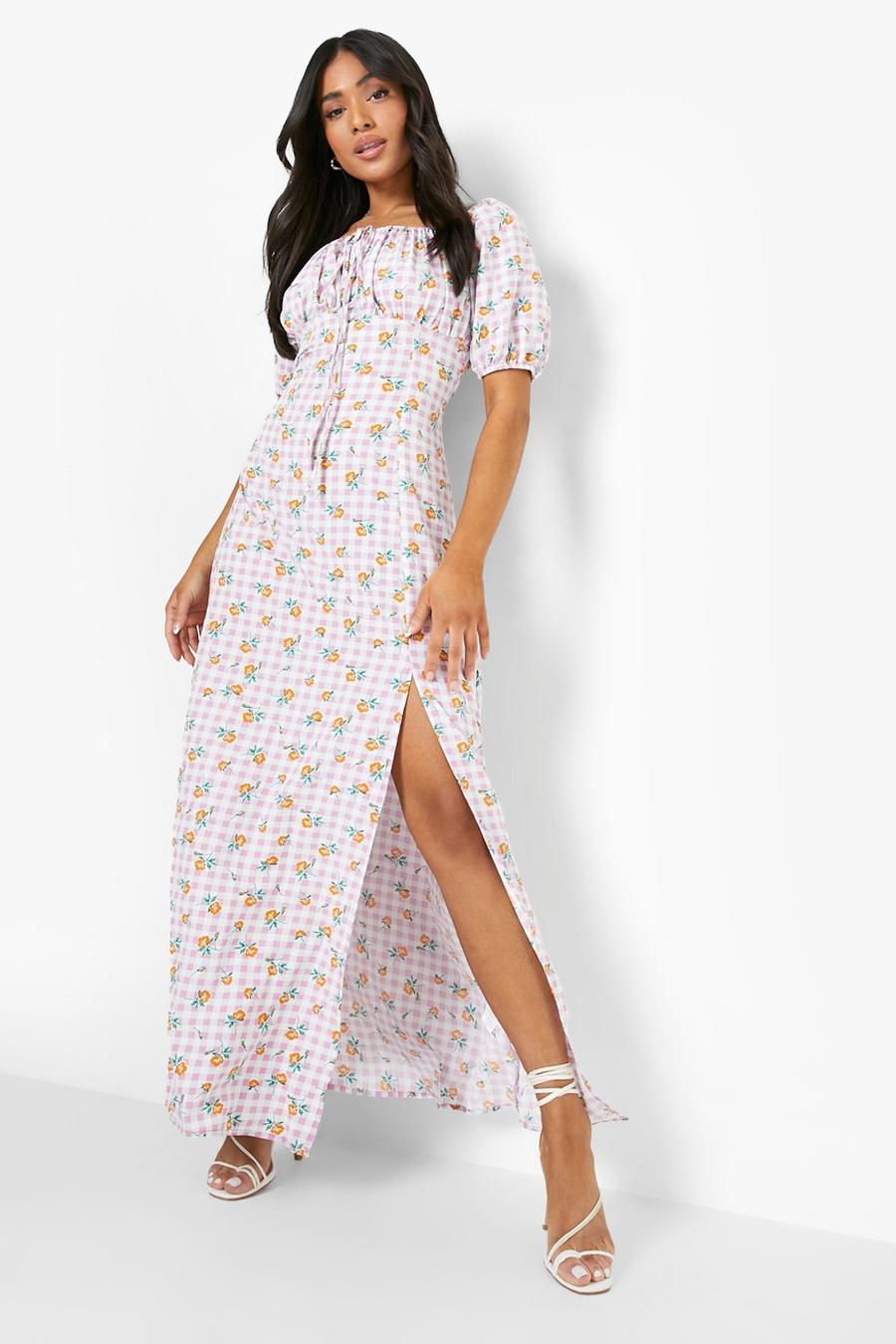 Pink Petite Floral Gingham Puff Sleeve Maxi Dress image number 1