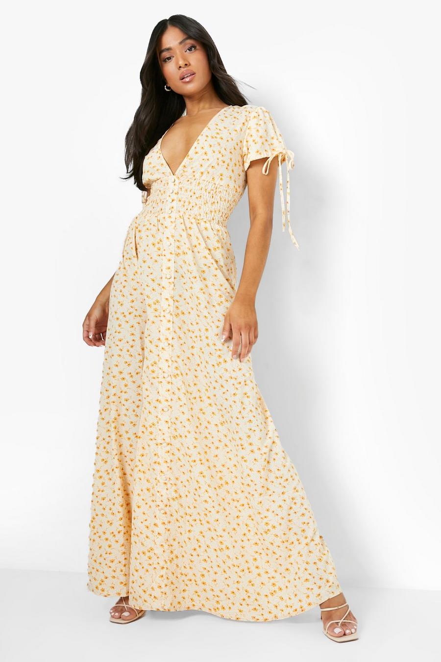 White Petite Bloemen Maxi Jurk Met Laag Decolleté En Stippen image number 1