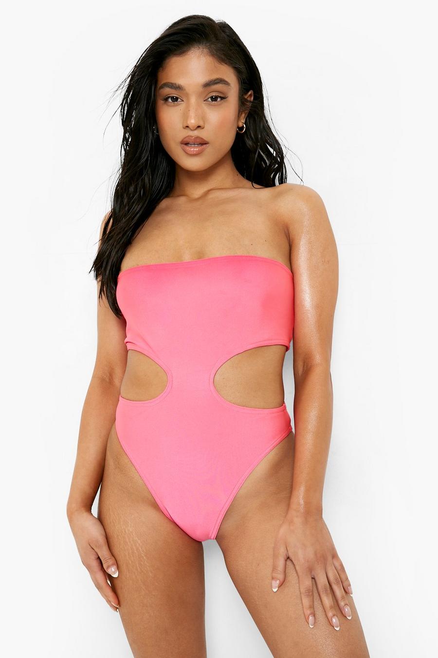 Petite Bandeau-Badeanzug mit Cut-Outs, Hot pink image number 1