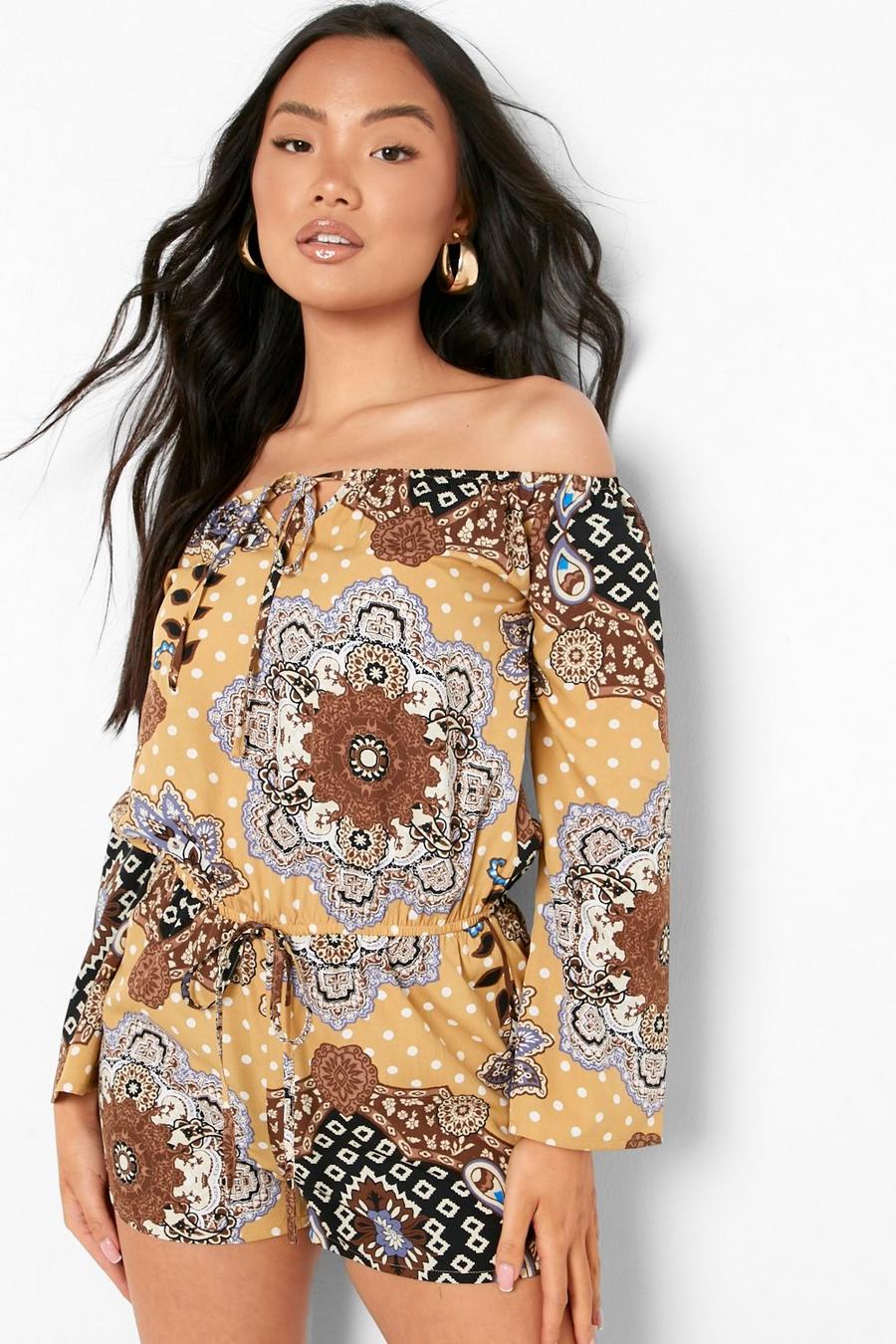 Stone Petite Paisley Print Off The Shoulder Romper image number 1
