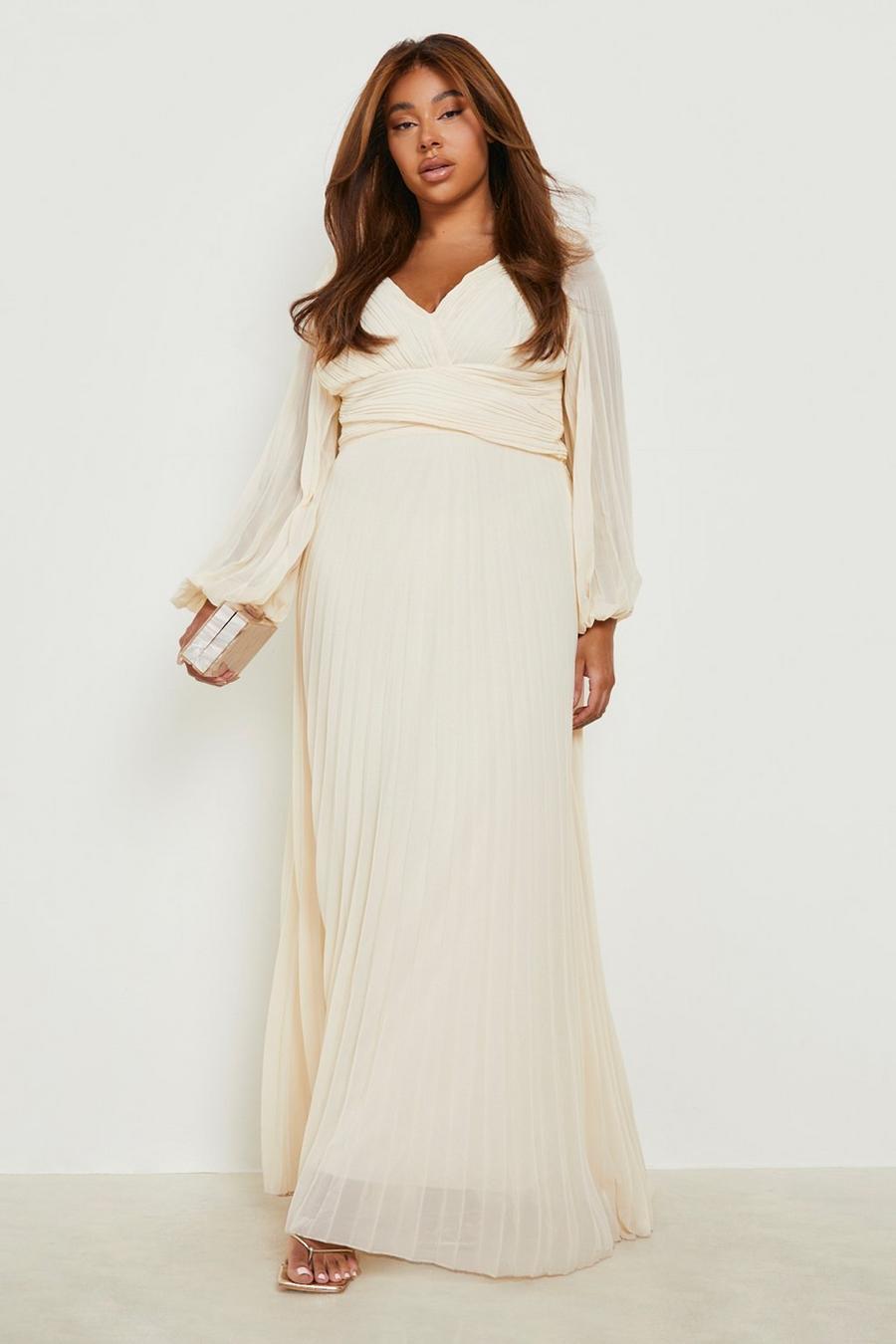 Ivory white Plus Pleated Wrap Over Detail Maxi Dress