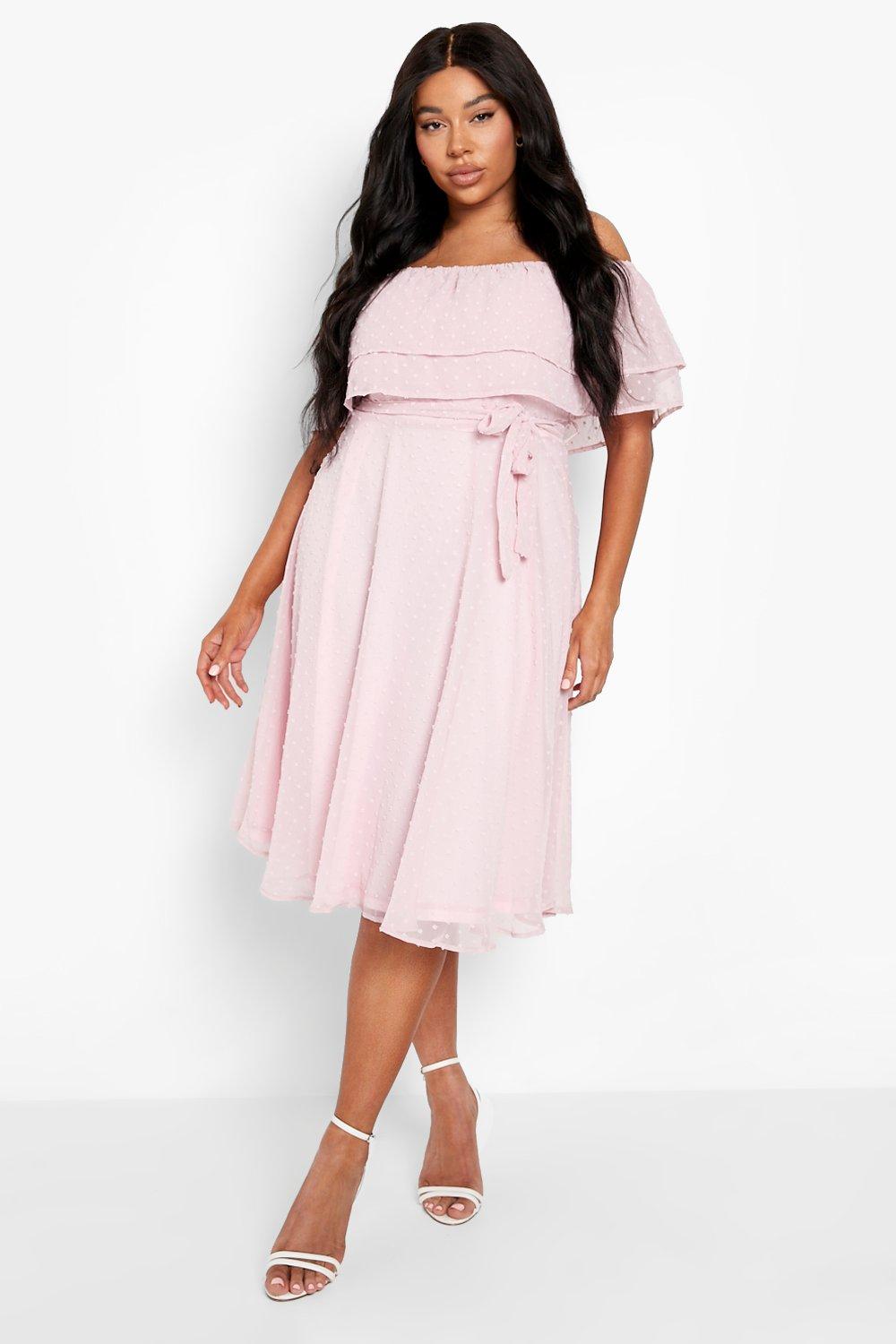 Women s Plus Dobby Off Shoulder Midi Skater Dress Boohoo UK