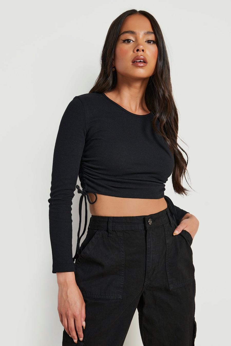 Black noir Petite Recycled Ribbed Ruched Detail Top