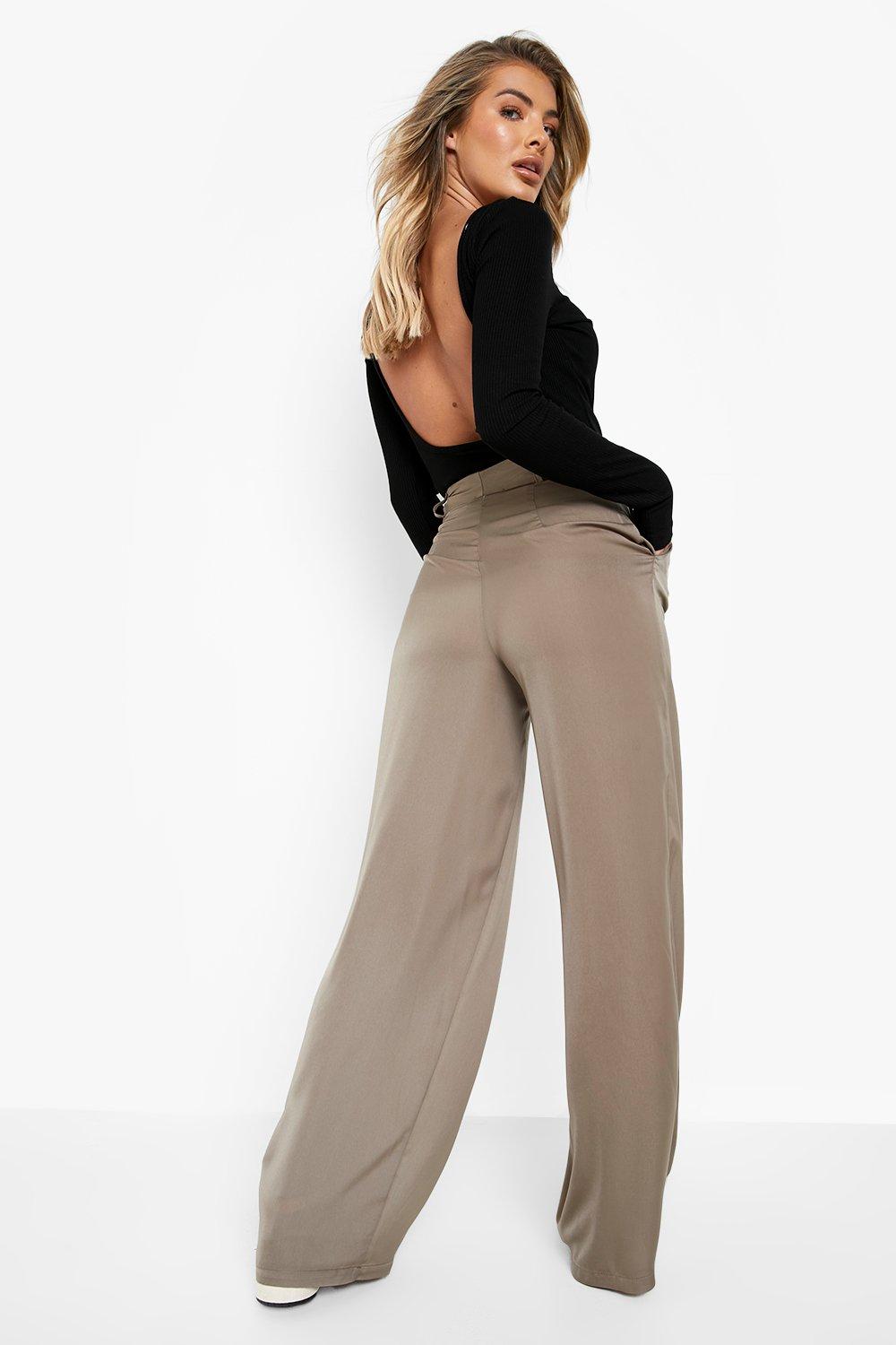 Womens Trousers Boohoo Brown Plus Recycled Satin Wide Leg Trouser Slacks and Chinos Slacks and Chinos Boohoo Trousers 