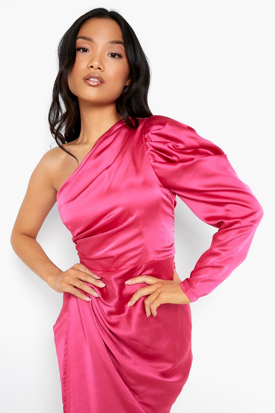 Hot pink Petite Ruched One Shoulder Midi Dress image number 1