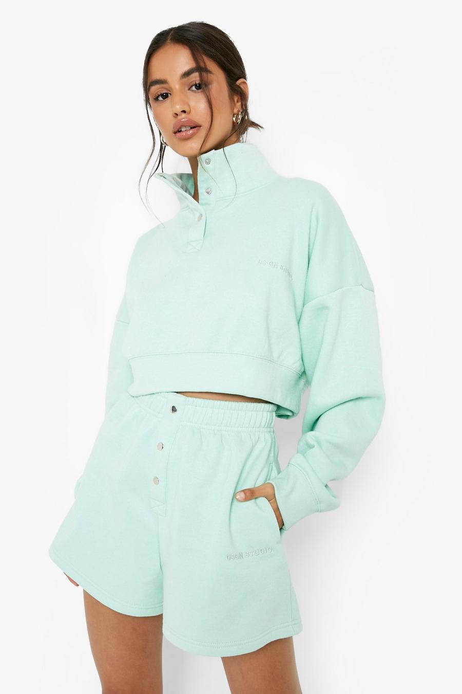 Mint green Funnel Neck Embroidered Short Tracksuit