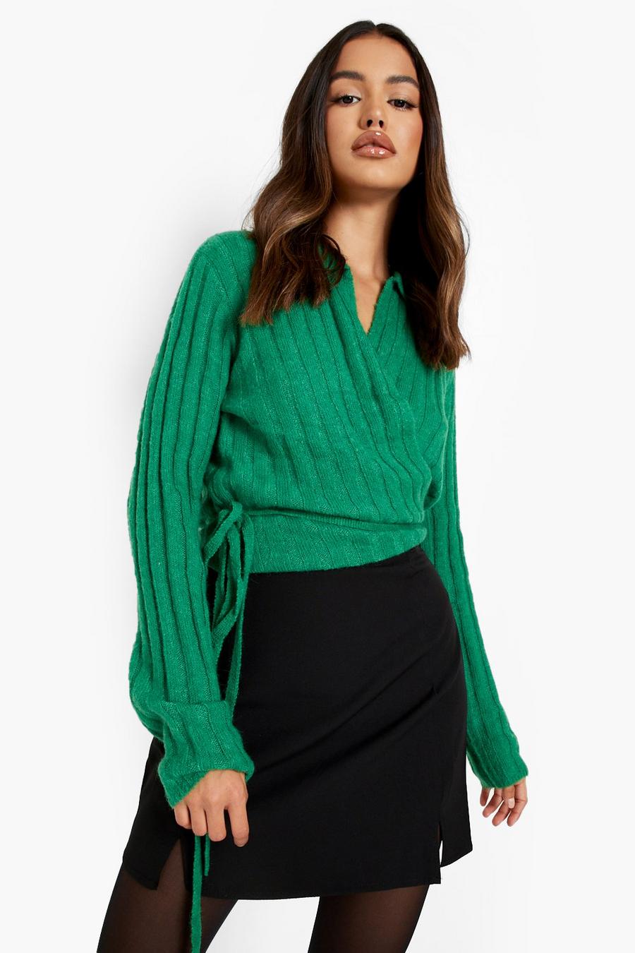 Green Soft Knit Collared Wrap Cardigan  image number 1