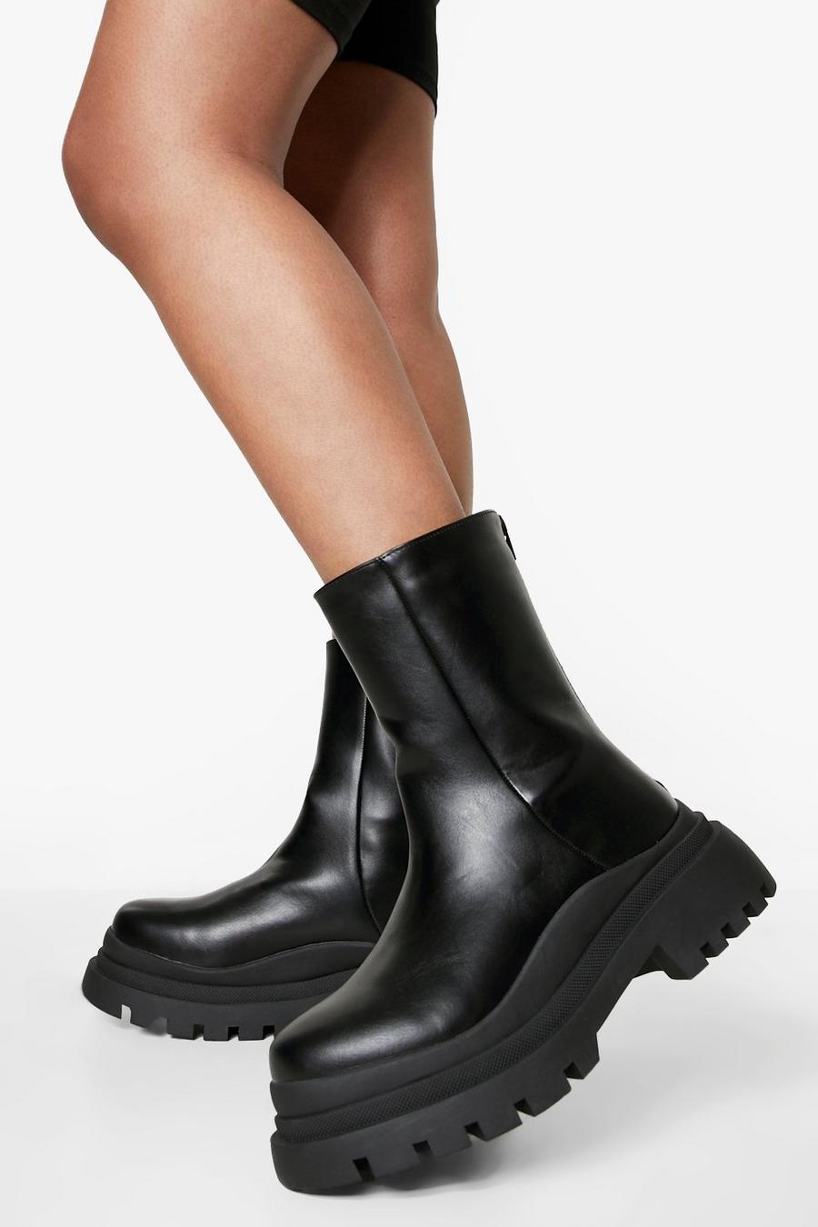 Black Wide Fit Chunky Wave Sole Boots image number 1