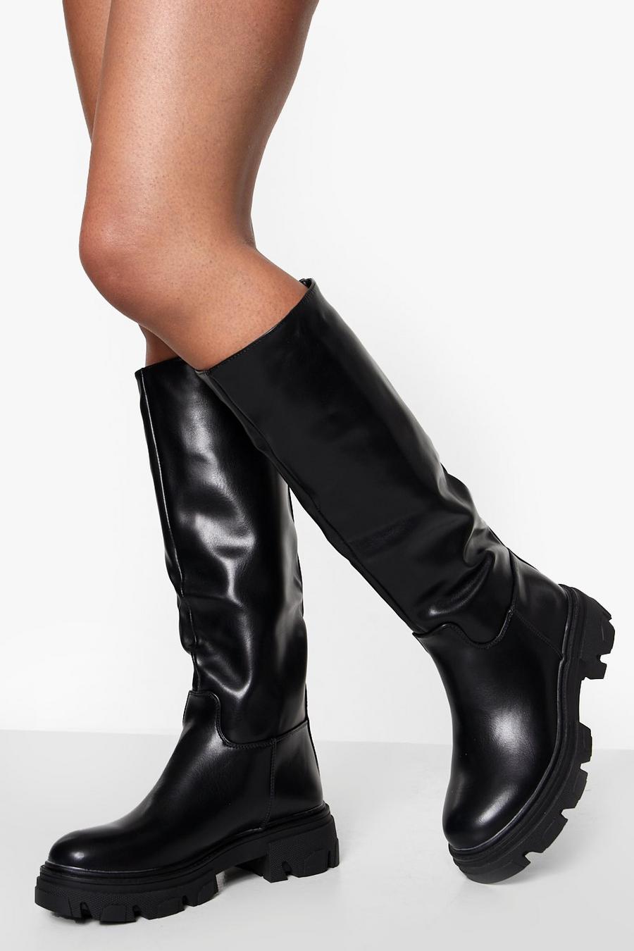Black schwarz Cleated Sole Pull On Knee High Boots