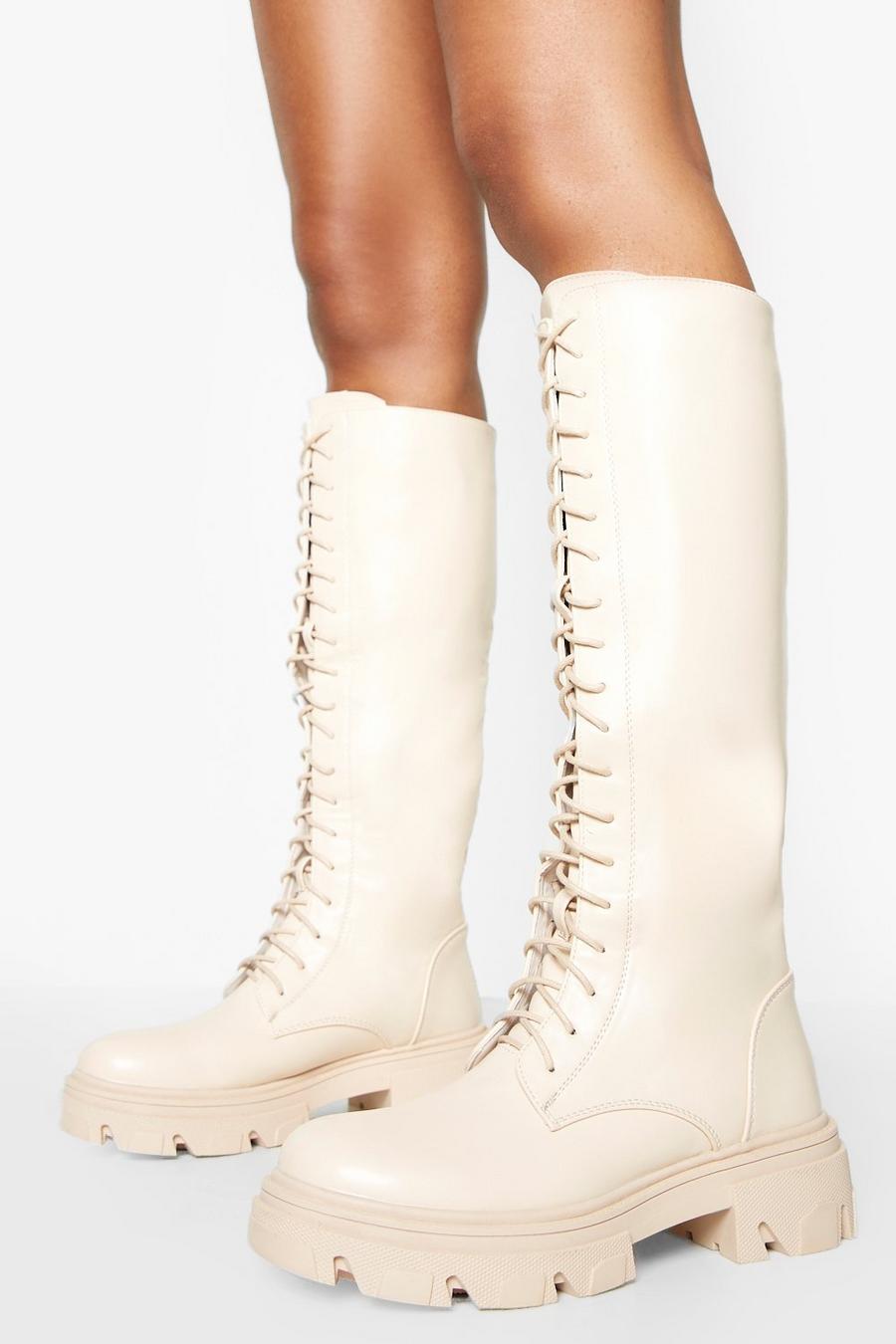 Cream Lace Up Chunky Knee High Boots image number 1