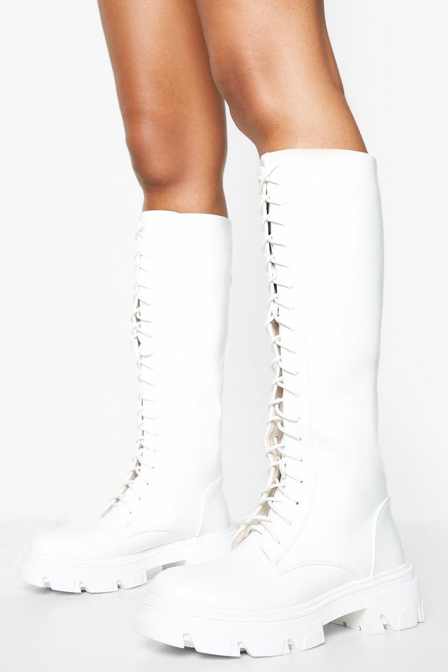 White Lace Up Chunky Knee High Boots image number 1