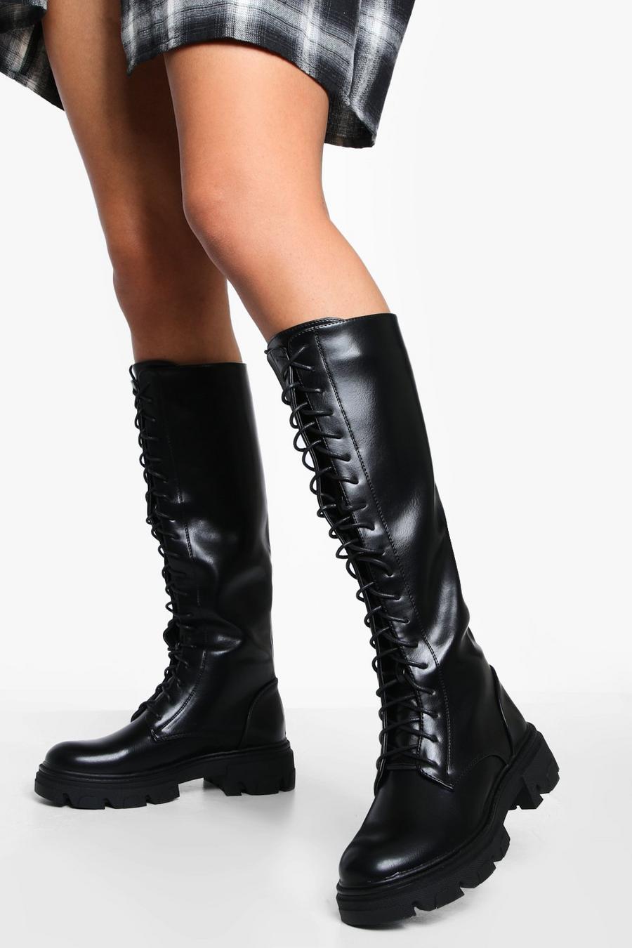 Black svart Lace Up Chunky Knee High Boots