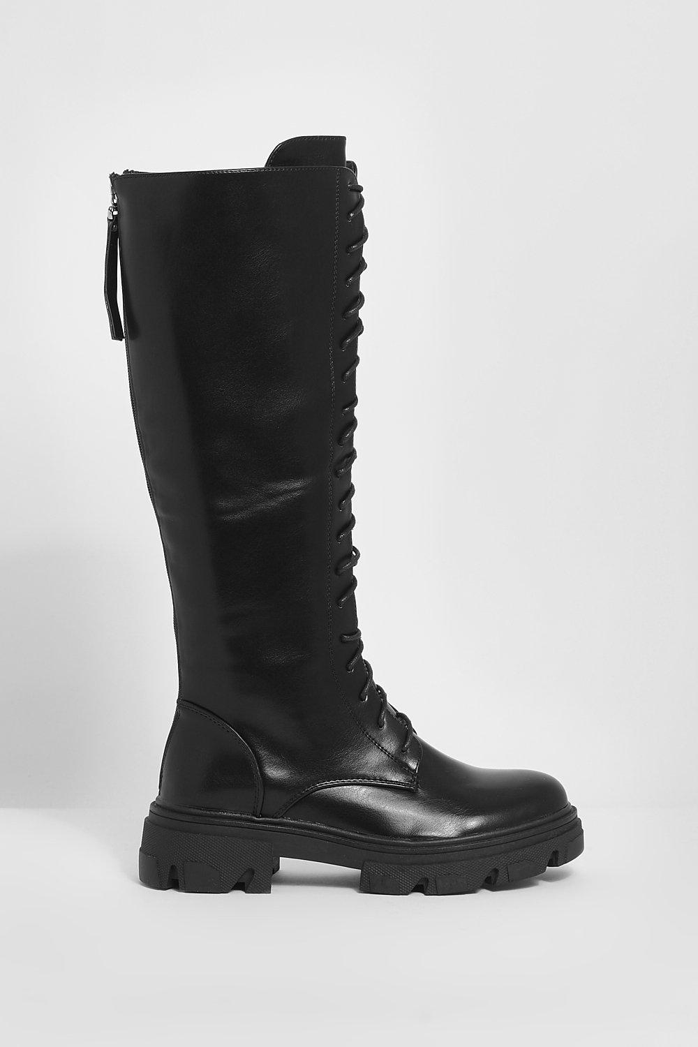 Lace Up Chunky Knee High Boots | boohoo