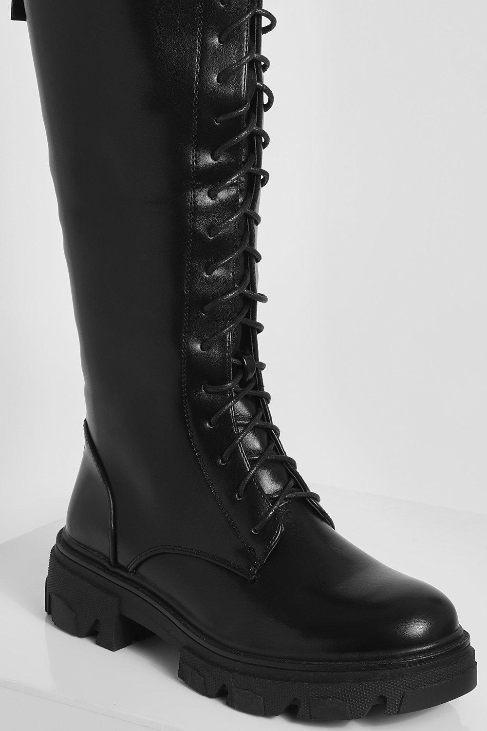 Black Knee High Lace Up Textured Sole Chunky Boots