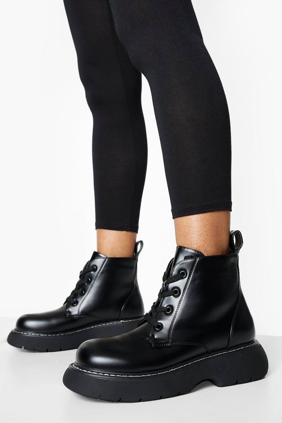 Black Chunky Sole Lace Up Combat Boots