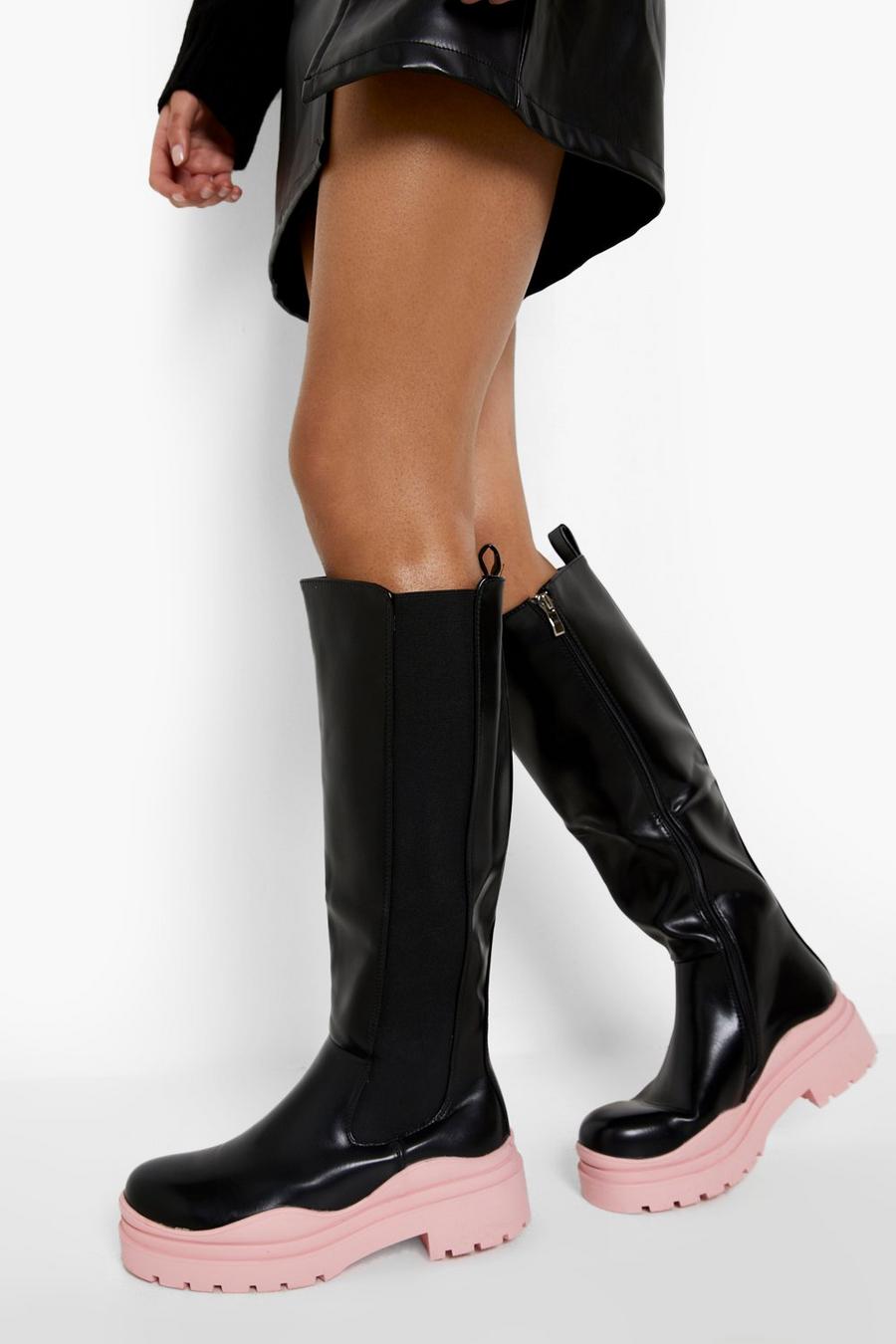 Black Chunky Contrast Sole Knee High Chelsea Boots