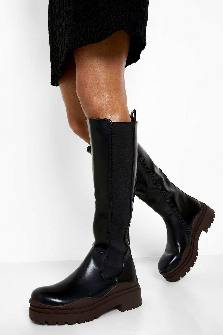 Black Chunky Contrast Sole Knee High Chelsea Boots image number 1
