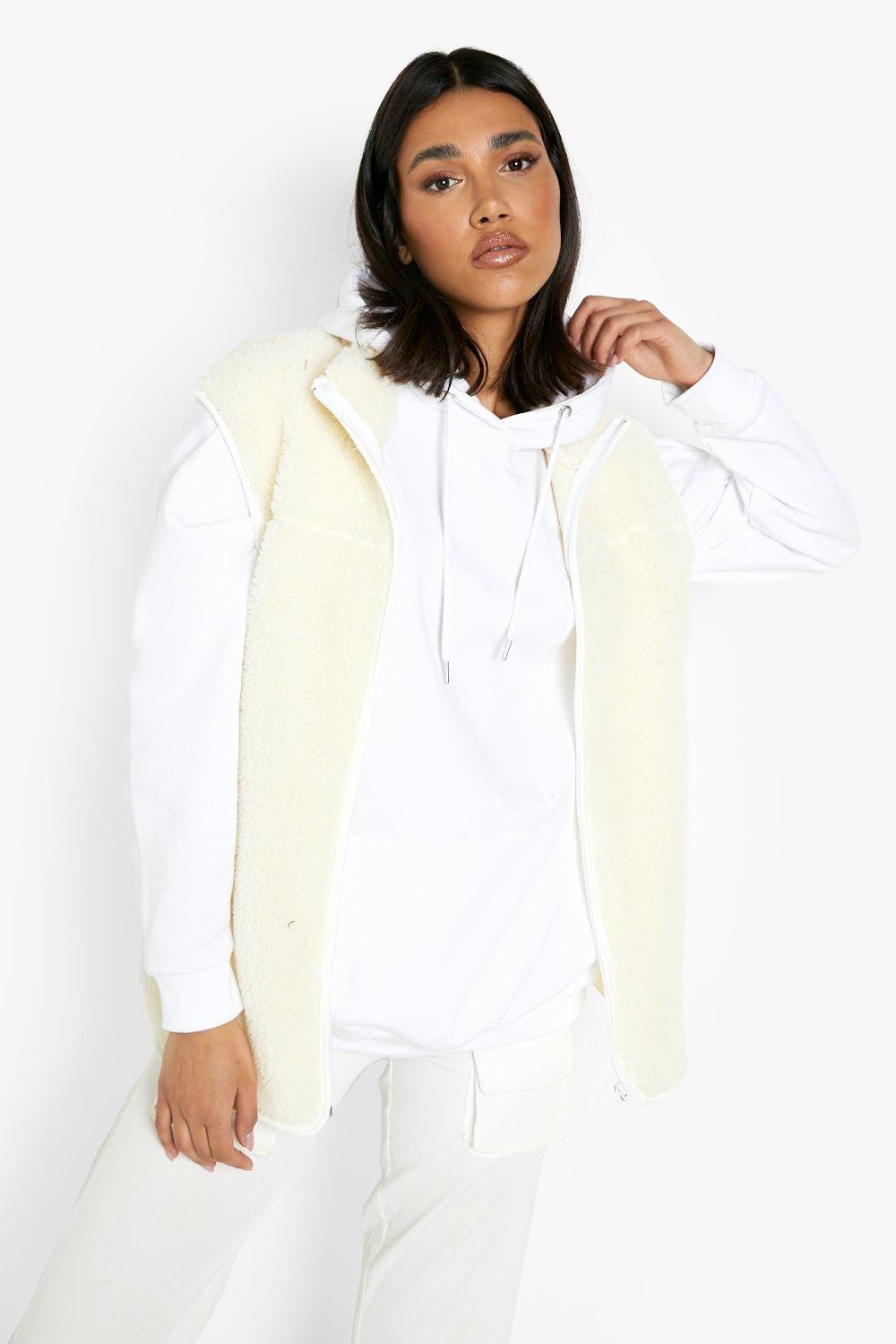 womens white gilet with fur hood