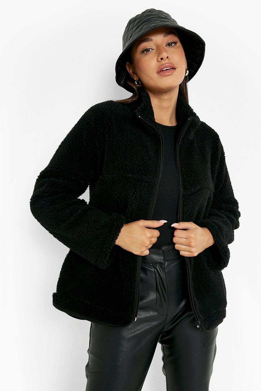 Black Oversized Funnel Neck Teddy Faux Fur Jacket image number 1